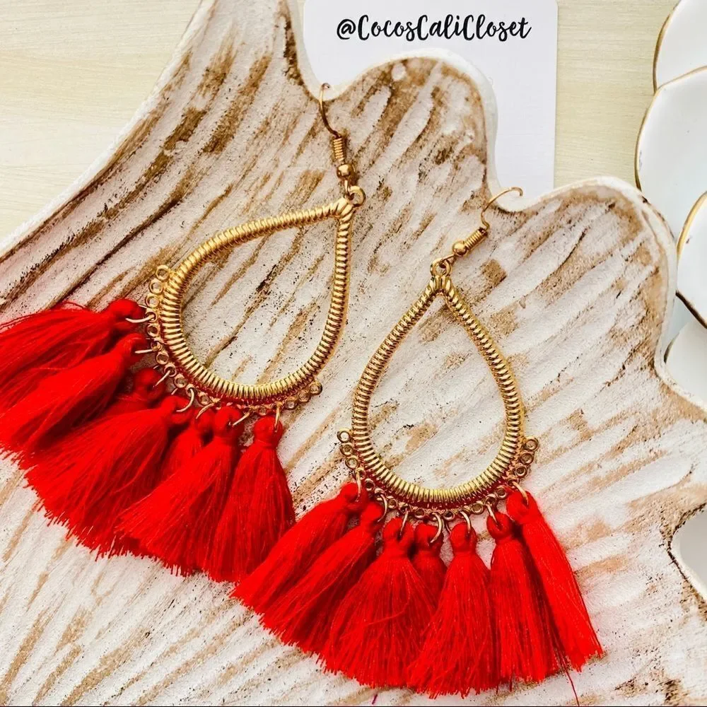 Boho Tassel Drop Hoop Earrings NWT